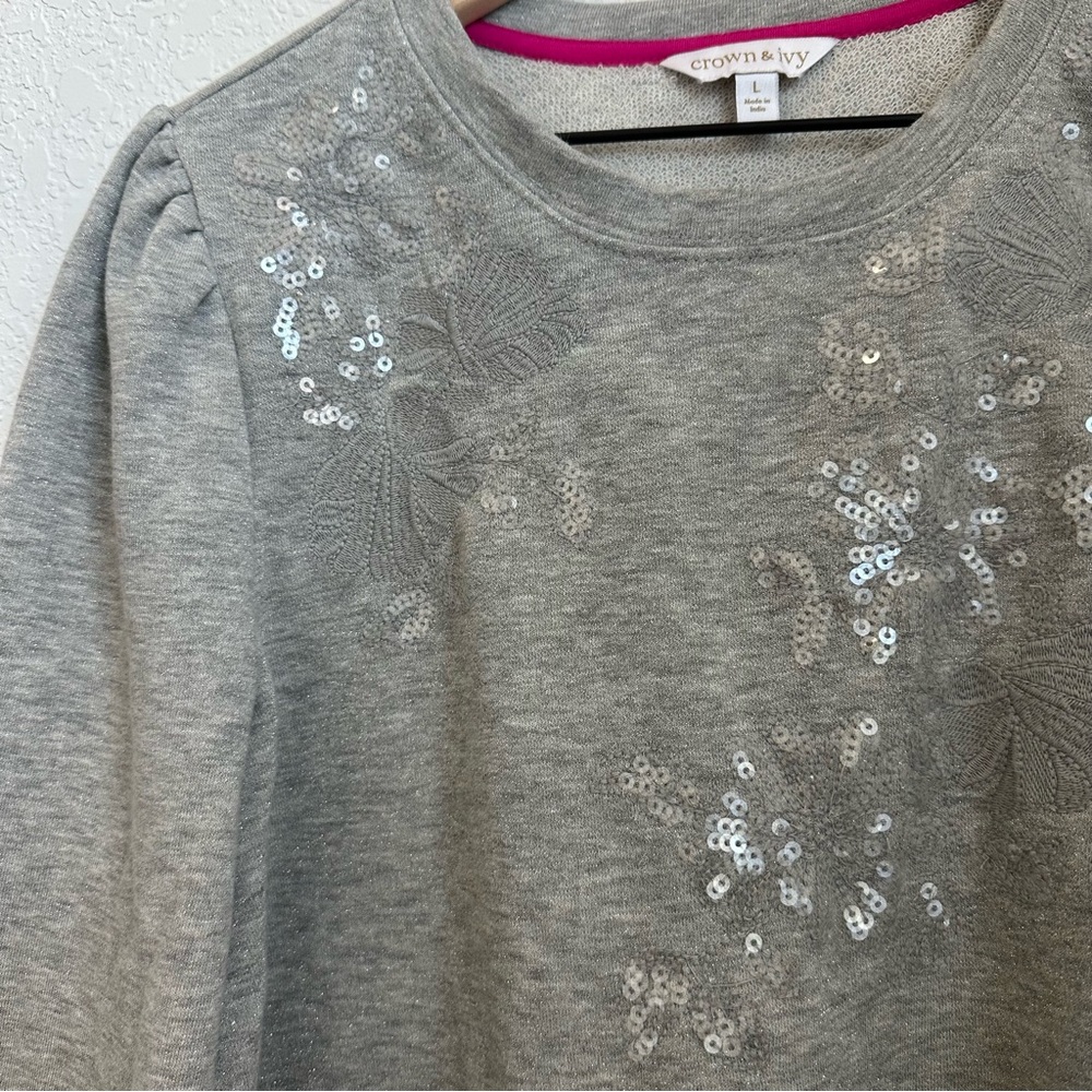Crown & ivy Women’s Gray Cotton Crewneck Long Sleeve Sweater Size L - Picture 3 of 10